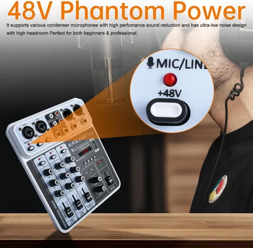 Miniatura 5 de Mezclador profesional de audio DJ de 4 canales, tablero de sonido Bluetooth con entrada USB MP3 y alimentación fantasma de 48 V para karaoke
