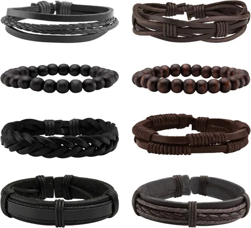 Eigso Juego de 8 pulseras punk de piel sintética para hombres y mujeres, pulseras retro vintage de los años 80 para mujeres y hombres, Cuero
