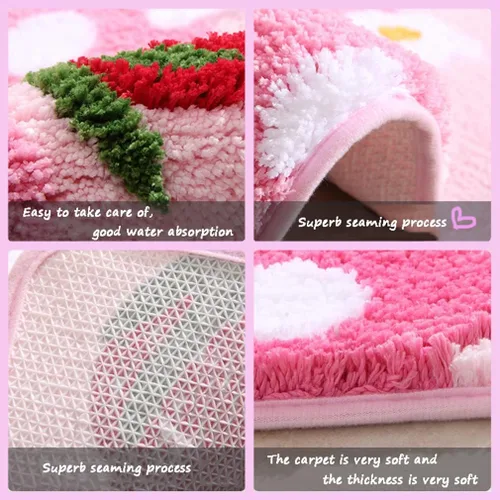 Miniatura 5 de Tapete de baño suave y acogedor con diseño de fresa, antideslizante, lavable, tapete lanudo para dormitorio, tapete absorbente de flores, tapete