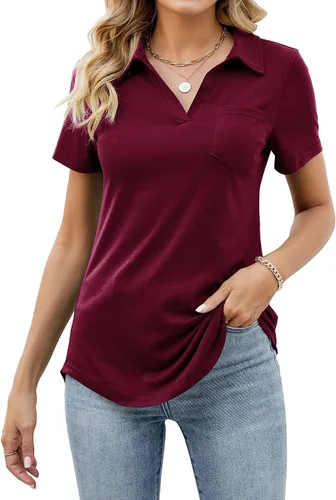 RENMINGBI Camisas tipo polo de manga corta para mujer, cuello en V, blusas con cuello y bolsillo