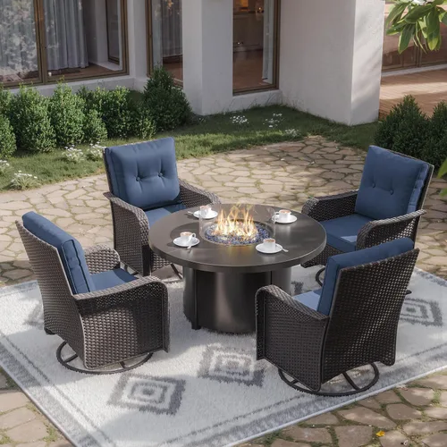 Miniatura 48 de Kurapika juego de muebles de patio 4 piezas de mimbre al aire libre, sillas de ratán, juego informal con mesa de café, juego de bistró con mecedora