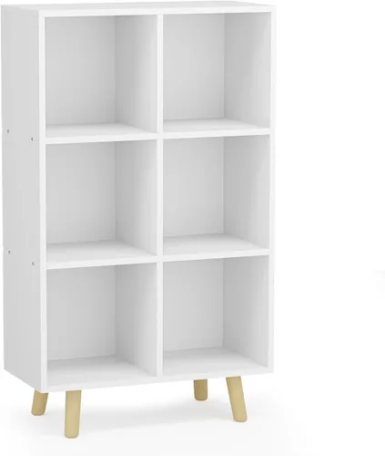 Miniatura 11 de Estantería abierta de 6 cubos, estantería de madera de 3 niveles con patas y panel posterior, ideal para contenedores de almacenamiento de tela