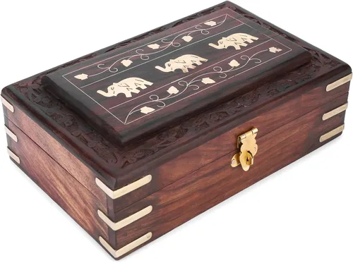 Ajuny Joyero de madera de 8 x 5 Diseño de elefante hecho a mano con incrustaciones de latón, organizador de recuerdos y baratijas decorativo