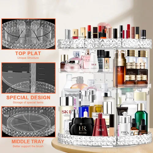 Miniatura 6 de Organizador de maquillaje giratorio de 360 grados para tocador + soporte para brochas de maquillaje, organizador de perfumes con 6 capas ajustables