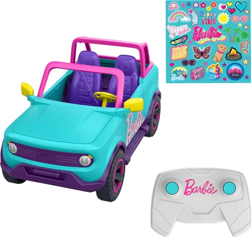 Barbie Hot Wheels RC SUV, vehículo de control remoto que se adapta a 2 muñecas de moda y accesorios, incluye pegatinas aplicadas por niños para