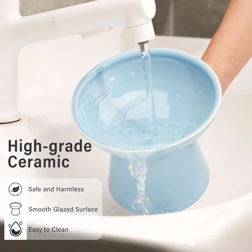 Miniatura 5 de CEEFU 2 tazones elevados de cerámica para gatos extra anchos para alimentos y agua – Tazón poco profundo para fatiga de bigotes, sin plomo ni Azul