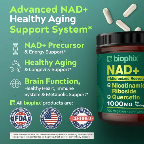 Miniatura 2 de biophix Suplemento liposomal NAD+ para mujeres y hombres, 1000 mg por porción, ribósido de nicotinamida, resveratrol micronizado y complejo