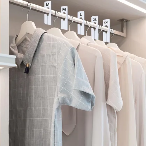 Miniatura 5 de Paquete de 40 separadores rectangulares de plástico blanco para perchas de armario por tallas de ropa, preimpresos en 8 tallas XXS, XS, S, M, L, XL