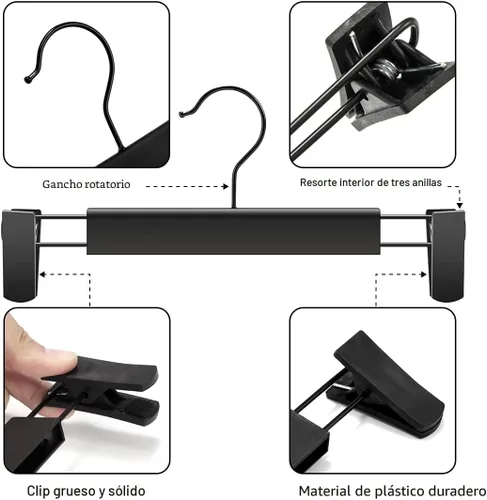 Miniatura 2 de GUANJUNE Paquete de 10 perchas para ropa y pantalones, soportes para faldas que ahorran espacio con ganchos giratorios de 360°, clips ajustables