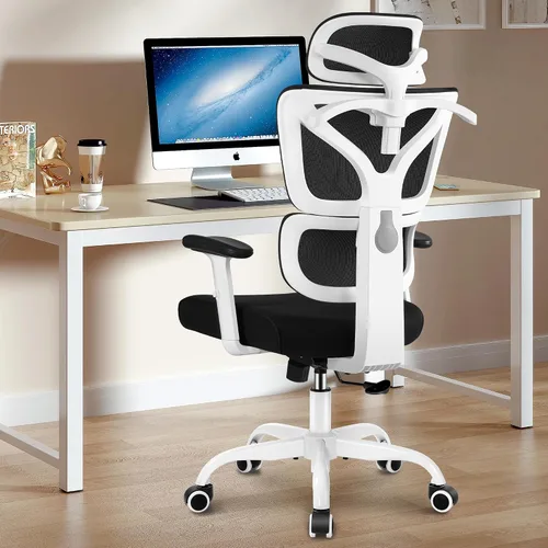 Winrise Silla de oficina y juegos, silla de escritorio ergonómica reclinable con respaldo alto, grande y alta, cómoda oficina en casa, malla Blanco