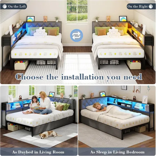 Miniatura 6 de Marco de cama de esquina tamaño twin con estante de almacenamiento y cabecero, cama de plataforma de esquina con luces LED y estación de carga, cama