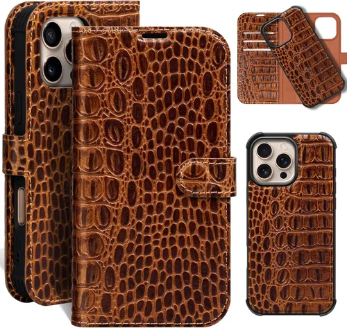 Miniatura 33 de Funda de cuero compatible con iPhone 16 Pro Max Cartera 6.9", cuero genuino 2 en 1, magnética, desmontable, a prueba de golpes, funda tipo folio