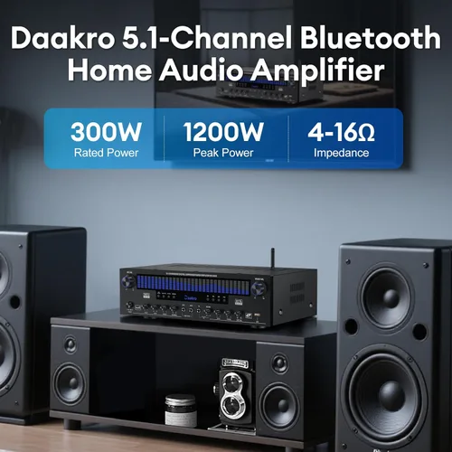 Miniatura 3 de Daakro Receptores estéreo amplificador de audio para el hogar con pantalla DSP, 300 W de potencia nominal 5.1 canales receptor Bluetooth
