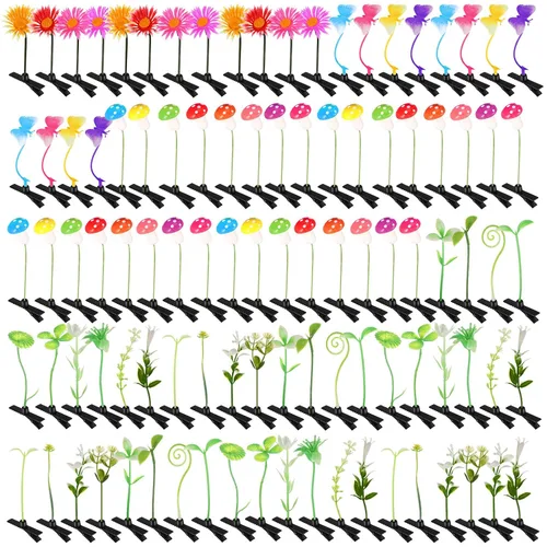 Miniatura 12 de Tigeen - 100 piezas de pinzas para el cabello con diseño de brotes de judías, divertidas horquillas de plantas, flores de césped, mariposas, hongos