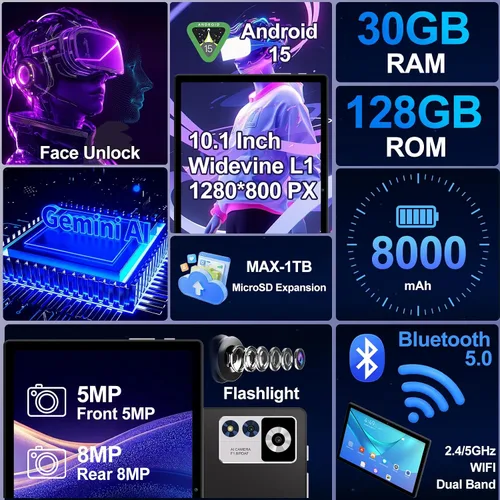 Miniatura 6 de Tablet Android 15 2025 con teclado Gemini AI, Tablets de electrónica de 30GB+128GB de ocho núcleos con pantalla IPS HD de 10 pulgadas, 8000mAh
