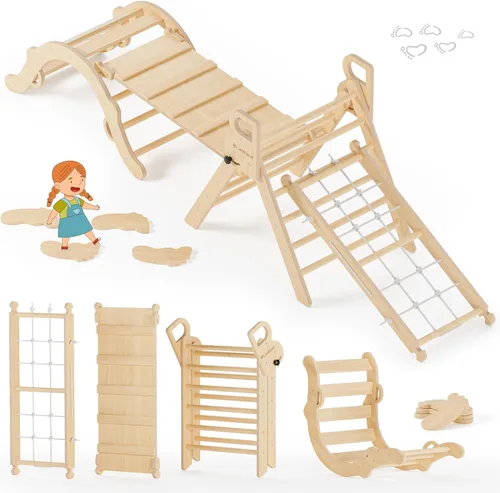 Miniatura 13 de BlueWood Juego de Triángulo Pikler 10 en 1, Juguetes de Escalada para Niños Pequeños de Interior, Escalador Montessori, Gimnasios de Selva