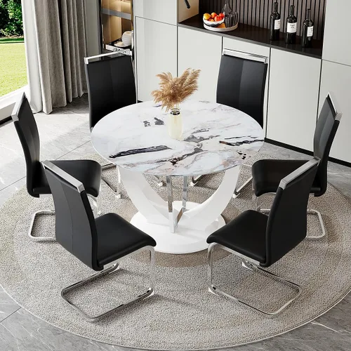 Miniatura 14 de Juego de mesa de comedor redonda para 4, mesa moderna de 48" con tapa de mármol sintético falso y pedestal brillante negro, juego de mesa de cocina