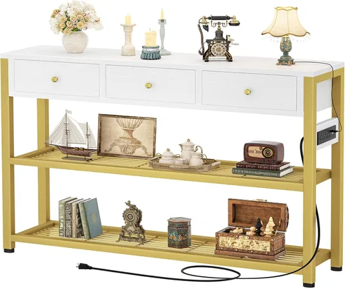 Miniatura 10 de Ecoprsio Mesa de entrada con salidas y puertos USB, mesa consola con 2 cajones, mesa de sofá pequeña con estantes de almacenamiento para sala