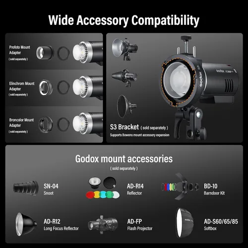 Miniatura 9 de GODOX AD300Pro II 300Ws Flash estroboscópico monolight, 2.4G TTL 1/8000 HSS 2.4G Flash inalámbrico TTL, 0.01-1.5s tiempo de reciclaje, 350 potencia