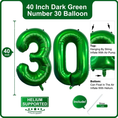 Miniatura 2 de Lovoir Globo verde oscuro de 40 pulgadas, 30 dígitos gigantes, helio verde oscuro para fiesta de 30 cumpleaños, decoraciones de celebración de Azul