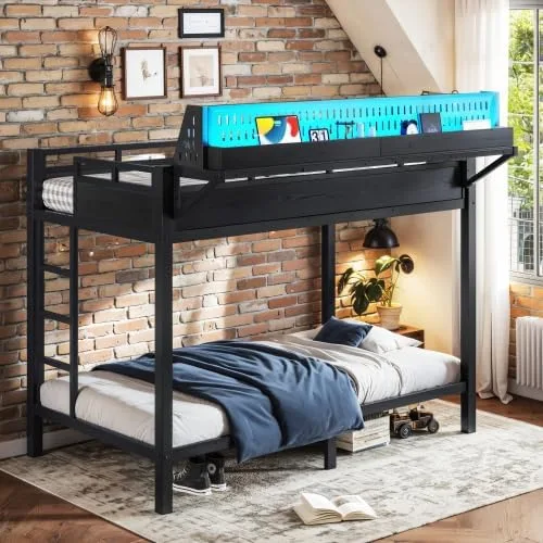 Miniatura 5 de Bellemave Twin XL Bunk Bed Frame with Storage Shelves & Pegboard, Metal Bunk Bed Twin XL with USB Ports & LED Lights, Space-Saving for Bedroom