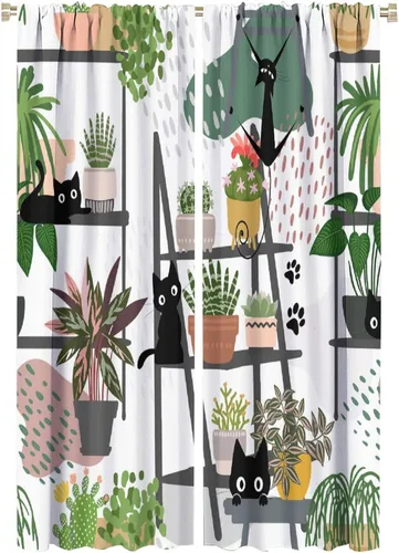 Miniatura 25 de Cortinas de estilo de mediados de siglo, diseño geométrico abstracto moderno, diseño retro, estampado de gato negro, para dormitorio, sala de estar