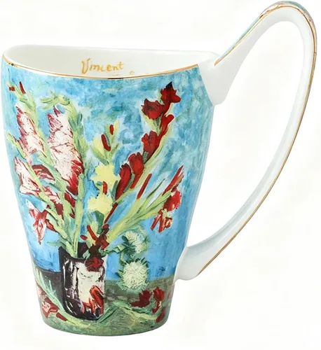 Miniatura 14 de Taza de café de porcelana de hueso YBK Tech, taza grande de 16oz de té - Diseño inspirado en las pinturas de Van Gogh (flor de albaricoque)