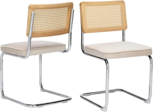 Miniatura 8 de Juego de 2 sillas de comedor de ratán, sillas de comedor modernas tapizadas de mediados de siglo con respaldo de caña, sillas de cocina de Beige