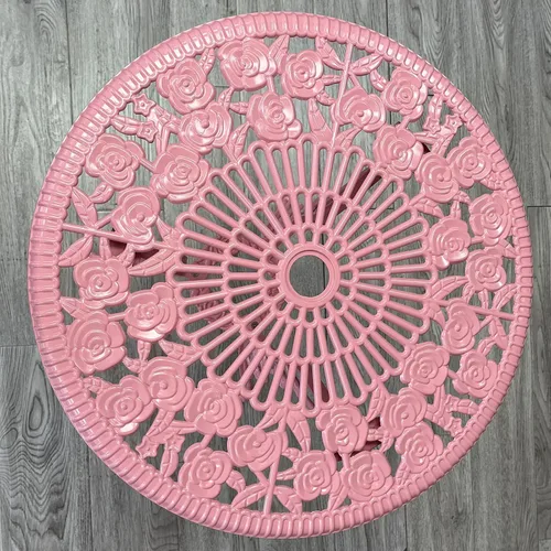 Miniatura 4 de Juego de 2 mesas y sillas de aluminio fundido para exteriores, 3 piezas, con agujero para sombrilla para patio, jardín (rosa, rosa)