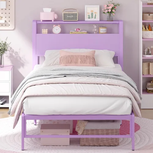 Miniatura 8 de Weehom Marco de cama individual para niños, cama de tamaño individual con estantes de madera de 2 niveles, cabecero debajo de la cama, espacio