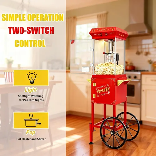 Miniatura 5 de Máquina de palomitas de maíz con carrito y ruedas de 8 onzas, máquina de maíz con hervidor de acero inoxidable, máquina para hacer palomitas de maíz