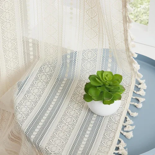 Miniatura 5 de Amzdecor Cortinas bohemias con borlas de encaje beige para dormitorio, sala de estar, lino texturizado elegante, patrón geométrico rústico