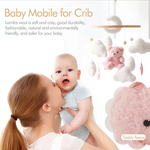 Miniatura 5 de EERKEOD Móvil de cuna de oso para bebé, móvil de guardería de terciopelo para niños y niñas, decoración de guardería de peluche para bebé