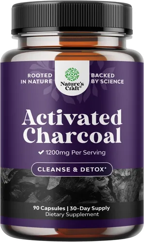 Natures Craft Píldoras de carbón activado, desintoxicación y limpieza, cápsulas purificadoras de coco con 1200 mg por porción para aliviar la