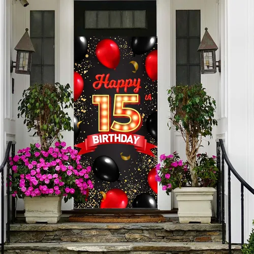 Miniatura 6 de Cartel de feliz cumpleaños número 15 rojo y negro, globos de fondo para decoración temática para niñas y mujeres, princesas de 15 años, suministros