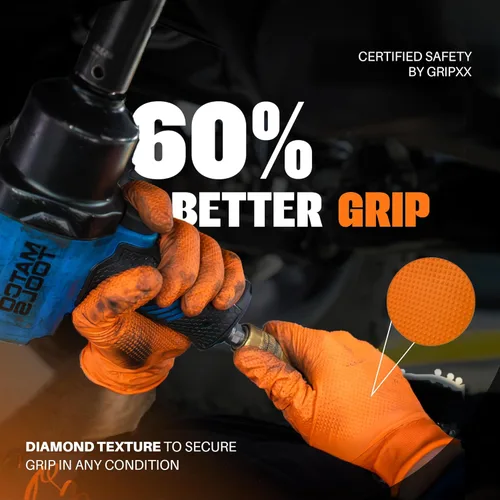 Miniatura 4 de GRIPXX Herkules Grip Guantes de nitrilo de 8 mils de alta resistencia naranja, textura de diamante 3D elevada - Sin látex y polvo - Industriales