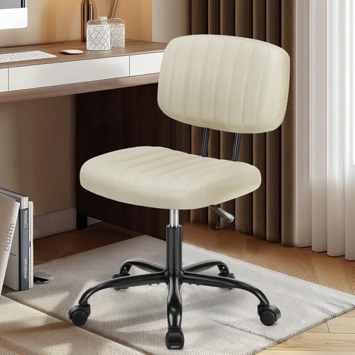 DUMOS Silla pequeña de escritorio de oficina, piel sintética sin brazos con cómodo soporte lumbar, altura ajustable para no tener brazos, para Beige
