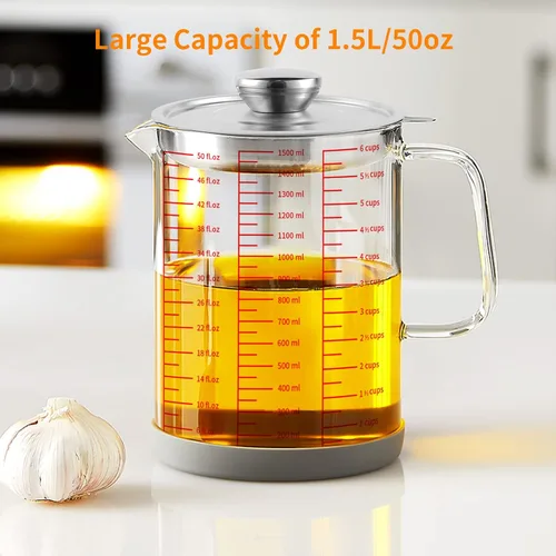 Miniatura 4 de Luvan Contenedor de grasa de tocino de vidrio de 1.5L/50oz con colador, lata de almacenamiento de aceite de cocina con filtro de malla fina, tapa