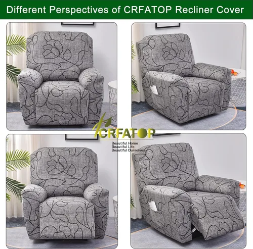 Miniatura 3 de CRFATOP Funda para sillón reclinable con estampado floral con bolsillos, funda única para sillón reclinable, 4 piezas, funda para sillón reclinable