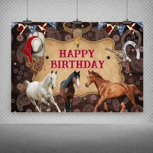 Miniatura 2 de Telón de fondo de fotografía de caballo de feliz cumpleaños, decoración de fiesta de vaquero del salvaje oeste, fondo de imagen, fondo de granja