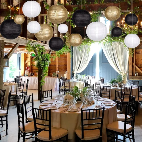 Miniatura 5 de 15 linternas de papel negras y doradas, redondas, colgantes, chinas, de 4, 6, 8, 10, 12 pulgadas, para despedida de soltera, compromiso, boda, bebé