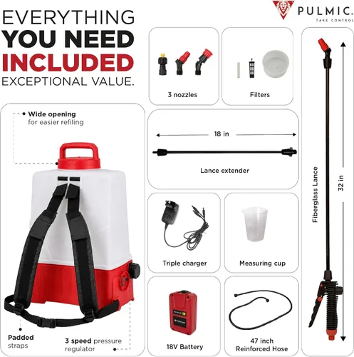 Miniatura 5 de PULMIC - Pulverizador eléctrico de mochila de 4 galones con batería para césped, jardín y granja, presión ajustable, bomba rociadora de alto