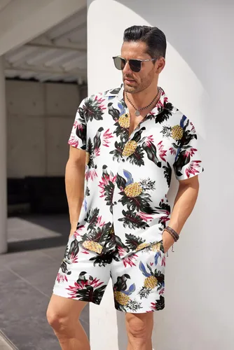 Miniatura 3 de COOFANDY Conjunto de camisa hawaiana y pantalón corto para hombre, traje de playa de 2 piezas con sombreros de pescador