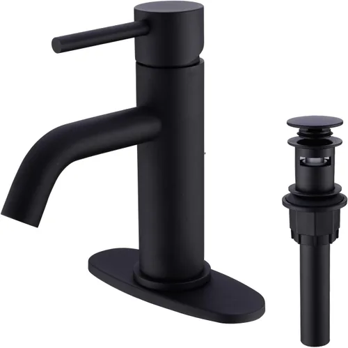 Miniatura 8 de TRUSTMI Grifo de baño de oro cepillado de un solo agujero, grifo de latón moderno para fregadero de baño, placa de cubierta de 6 pulgadas y drenaje