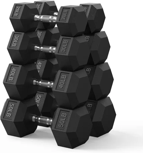 Miniatura 17 de PAPABABE Juego de mancuernas hexagonales de 45 a 550 libras, mancuernas de gimnasio en casa con revestimiento de goma, mancuernas para mujeres
