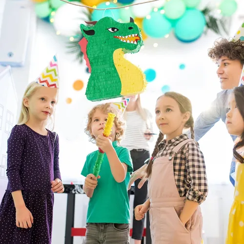Miniatura 7 de WERNNSAI - Piñata de dragón, paquete de suministros para fiesta de dinosaurios que incluye venta y palo. Ideal como juego y decoración en fiestas