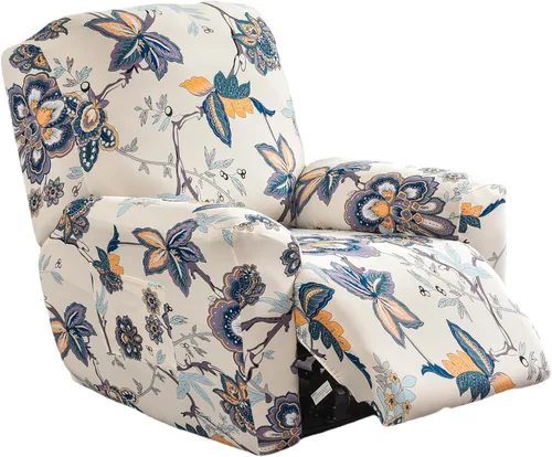 NILUOH Funda para sillón reclinable, 4 piezas, elástica, estampada, con bolsillo lateral, funda para sofá reclinable, antideslizante, ajustable, 16