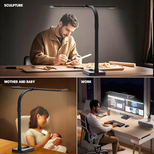 Miniatura 5 de Lámpara LED de escritorio para oficina en casa, luz de escritorio de doble cabezal brillante de 24 W con abrazadera para el cuidado de los ojos, luz