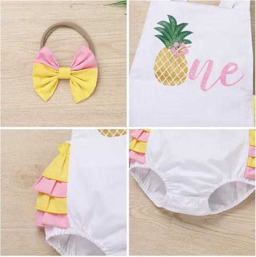 Miniatura 32 de IMEKIS Conjunto de ropa para bebé niña de primer cumpleaños con diadema de verano para sesión de fotos