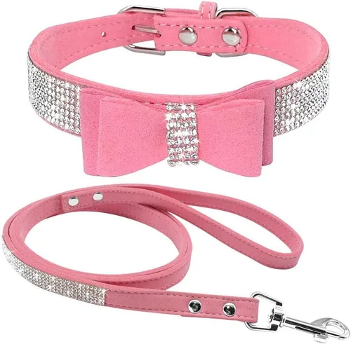 Miniatura 11 de Conjunto de Collar y Correa para Mascotas, Bonito y Deslumbrante de Ante Suave con Diamantes de Imitación de Cristal, Collar y Correa para Gatos